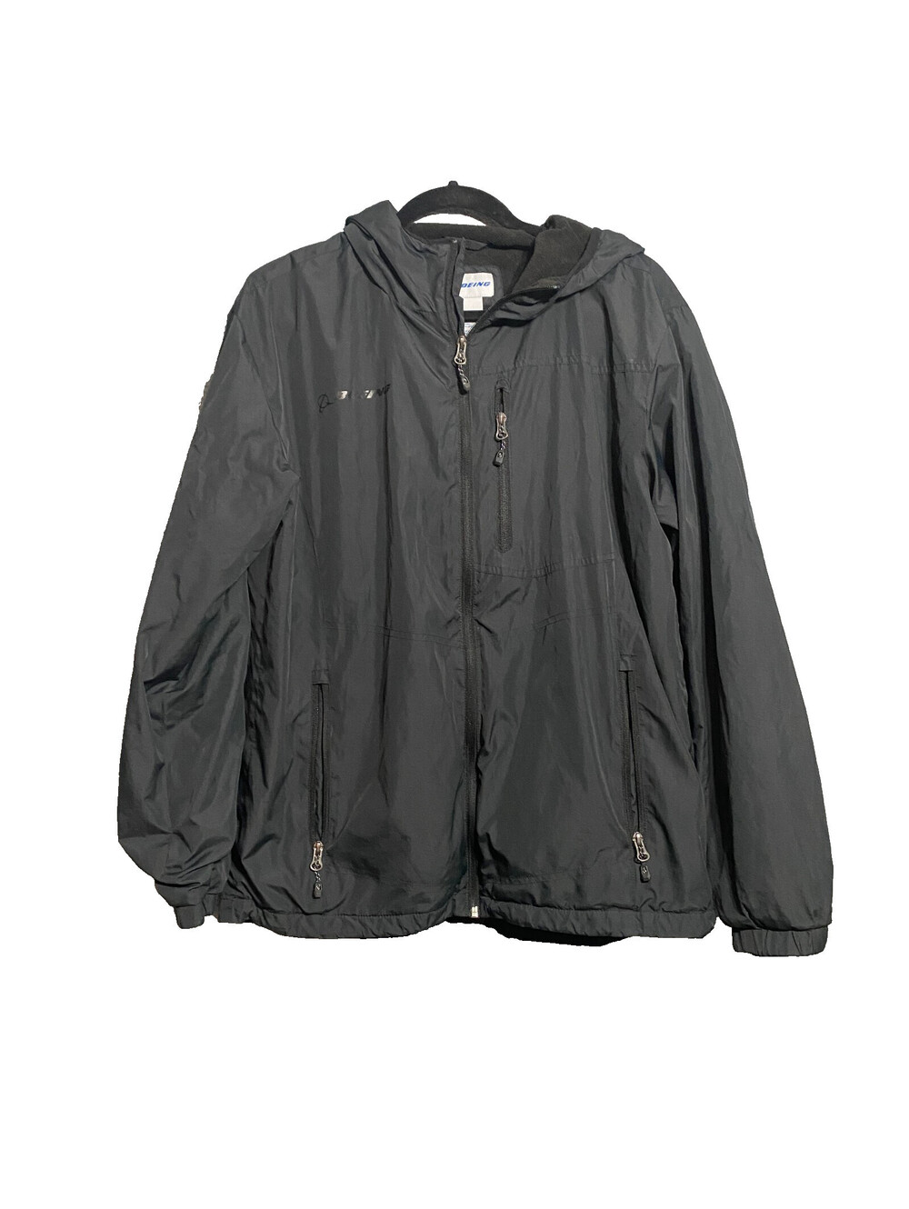 Boeing Jacket Mens Small Black Hooded Windbreaker Fleece Lined Zip Pockets